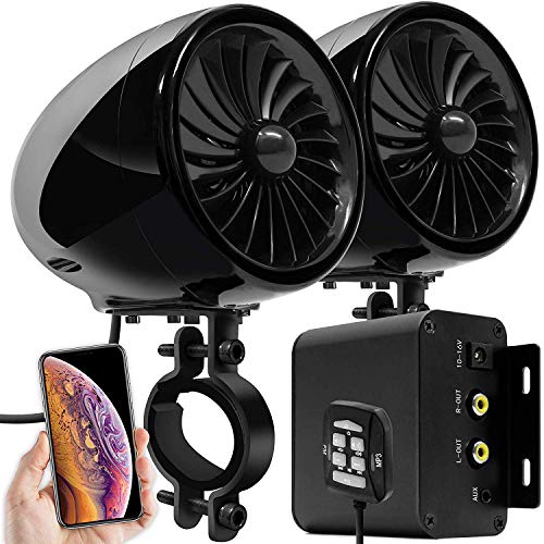 Aileap M150 Motorrad Verstärker Audio System mit AUX, MP3, FM Radio, 4 Zoll wasserdichte Bluetooth Stereo Lautsprecher, Fit für 1 zu 1,5 in. Lenker Motorräder ATV UTV RZR (Schwarz, Fan) von Aileap