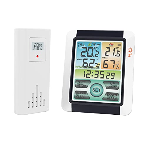 Ailgely Digitales kabelloses Hygrometer Indoor Outdoor Thermometer Monitor, Wetterstation mit Außensensor, Wetterstation Uhr LCD Bunter Touchscreen von Ailgely