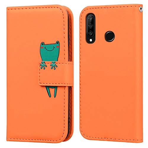 Ailisi Handyhülle für Huawei P30 Lite, Karikatur Grün Frog Muster PU Leder Handyhülle Brieftasche Schutzhülle Etui Flip Case Cover Tasche Klapphüllen mit Kartenfächern -Frosch, Orange von Ailisi