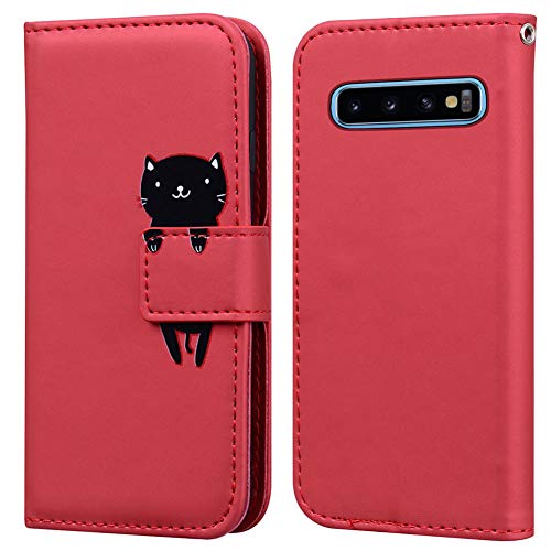 Ailisi Samsung Galaxy S10+/S10 Plus Hülle, Karikatur Schwarz Cat Muster PU Leder Handyhülle Brieftasche Schutzhülle Etui Flip Case Cover Tasche Klapphüllen mit Kartenfächern + Stand -Katze,Dunkelrot von Ailisi