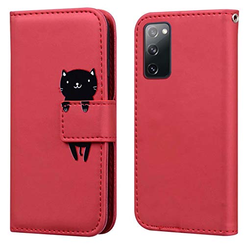 Ailisi Samsung Galaxy S20 FE 5G & Galaxy S20 FE Hülle, Karikatur Schwarz Cat Muster PU Leder Handyhülle Brieftasche Schutzhülle Etui Tasche Klapphüllen mit Kartenfächern + Stand -Katze, Dunkelrot von Ailisi