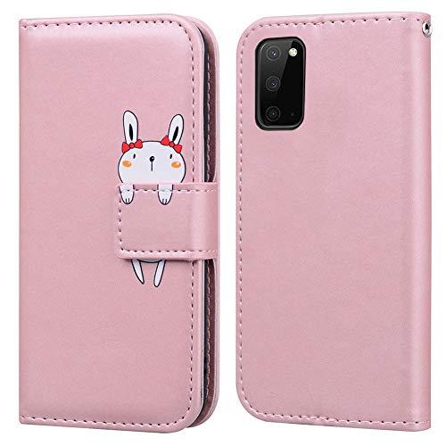 Ailisi Samsung Galaxy S20 Hülle, Karikatur Weiß Rabbit Muster PU Leder Handyhülle Brieftasche Schutzhülle Etui Flip Case Cover Tasche Klapphüllen mit Kartenfächern + Stand -Hase, Pink von Ailisi