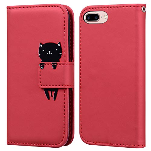 Ailisi iPhone 7 Plus/iPhone 8 Plus Hülle, Karikatur Schwarz Cat Muster PU Leder Handyhülle Brieftasche Schutzhülle Flip Case Wallet Cover Klapphüllen Tasche Etui mit Kartenfächern -Katze, Dunkelrot von Ailisi