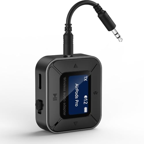 Ainostone Bluetooth Sender Empfänger Flugzeug 2-in-1 Bluetooth 5.3 Audio Adapter mit 3,5mm Aux Klinke Bluetooth Transmitter Niedrige Latenz Bildschirm für 2 Kopfhörer, TV, Stereoanlage, Auto, Airpods von Ainostone