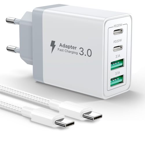 USB C Ladegerät, 4 Ports Mehrfach Ladegerät mit USB C auf USB C Kabel 2M, 40W USBC Netzteil PD 3.0 Power Adapter USB Stecker für iPhone, Samsung, Handys Schnellladegerät Ladeladapter Ladestecker von Aioneus