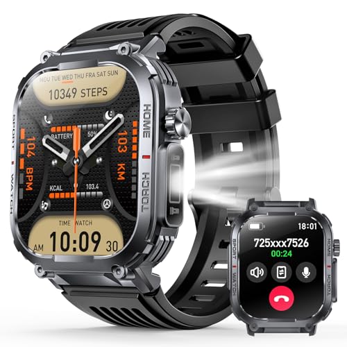 Militär-Smartwatch für Herren, Sport-Fitness-Tracker für iPhone und Android, mit Taschenlampe, 5,1 cm (2 Zoll) Bildschirm, wasserdicht, Anrufe, Nachrichten, Benachrichtigung, Trinkwasser und von Aisenflixs