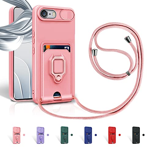 Aithne Case für iPhone 6/6S/7/8/iPhone SE 2022 Handykette Hüll,Slide kameraschutz,Silikon Handyhülle zum Umhängen Kette,360 Grad Ringhalter Stand Kartenfach-Pink von Aithne