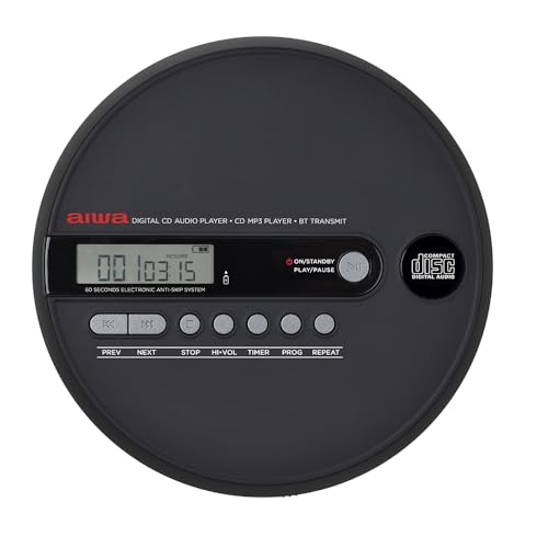 AIWA PCD-1000BT Tragbarer CD-Player zum Abspielen von CD/CD-R/RW/MP3-Discs, stoßfest, Bluetooth-Sender und mit wiederaufladbaren Batterien, Schwarz von Aiwa