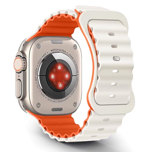 Aizgalxor Ocean Armband Kompatibel mit Apple Watch Ultra 2 49/45/44/42mm, Sport Silikon Ersatzarmbänder Kompatibel für iWatch Series 9/8/7/6/5/4/3/2/1/SE (49/45/44/42mm, Sternlicht/Orange) von Aizgalxor