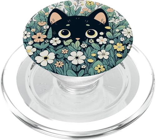 Schwarze Katze Blumen Flower PopSockets PopGrip für MagSafe von Aj Grips