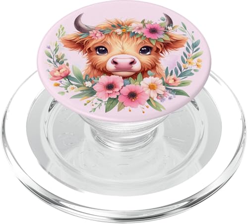 Süße Baby Highland Kuh Rosa Blumen PopSockets PopGrip für MagSafe von Aj Grips