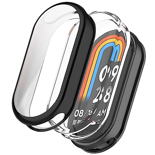 【2 Stücke】 Akancy Hülle Kompatibel mit mi Band 8, Schutzhülle Schutzfolie Kratzfest Displayschutz Silikon Fullbody Cover Hülle TPU Vollschutz (Black Transparent) von Akancy