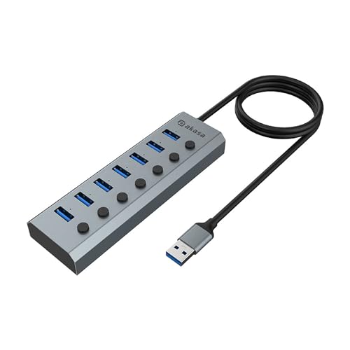 Akasa Powered USB Hub, Aluminium 7 USB Port with 3.2 Gen 1 (5Gbps) Superspeed and Individual Switch for PC Laptop, Desktop and More, Both UK/EU Plugs Included, AK-HB-21BKCM von Akasa