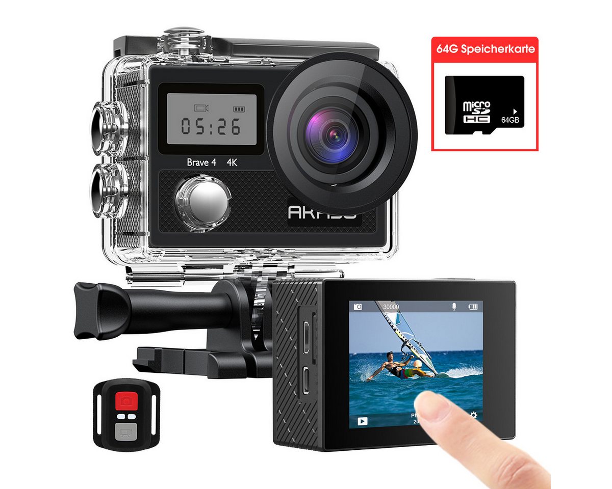 Akaso Brave 4 Action Kamera/Unterwasserkamera Action Cam (4K/24FPS, 4K mit Bildstabilisierung, Zoomverzögerung und 64G Speicherkarte) von Akaso