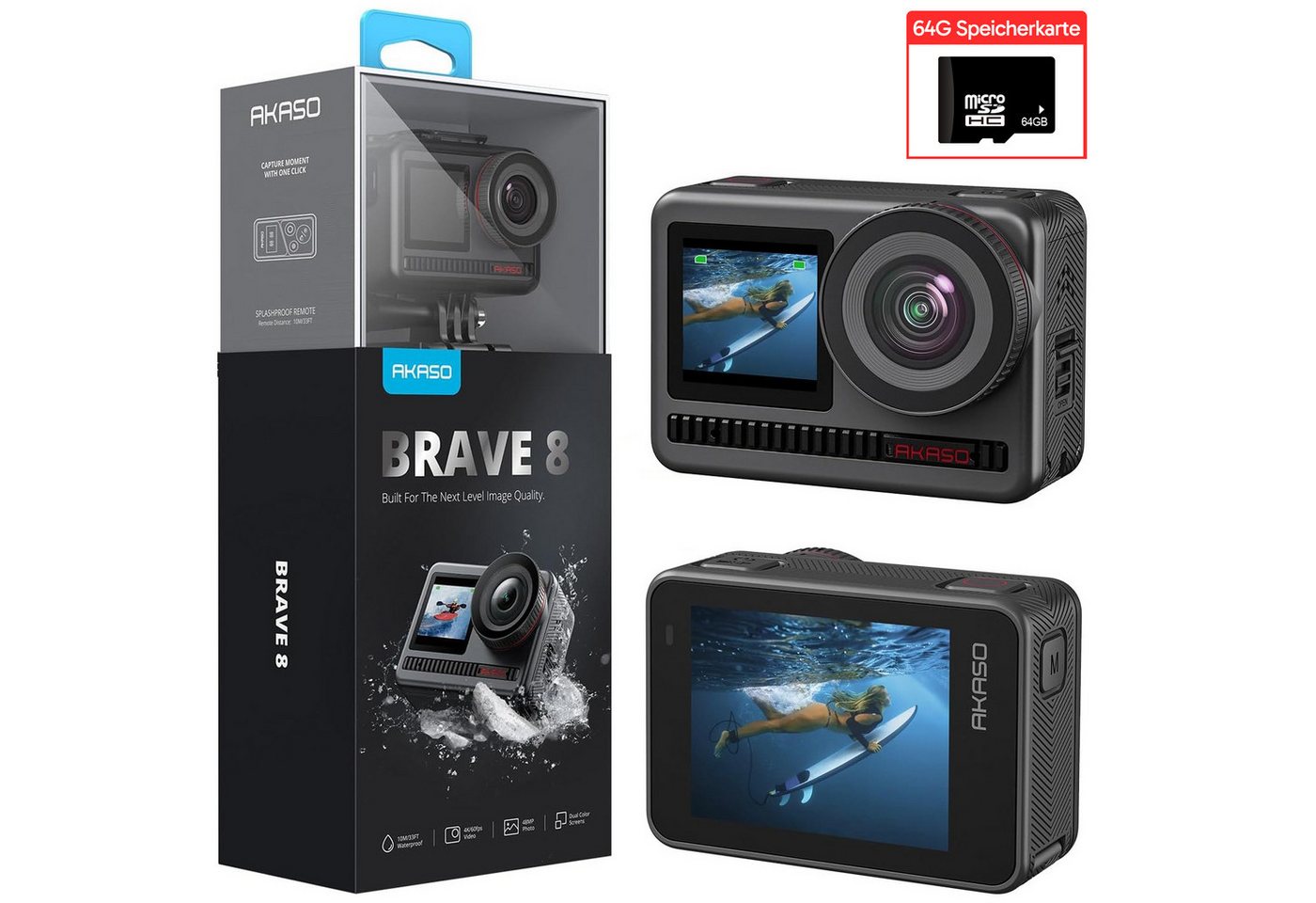 Akaso Brave 8 4K60FPS Action Cam 48MP Touchscreen Wasserdicht 16x Zeitlupe Action Cam (4K60FPS, WLAN (Wi-Fi) von Akaso