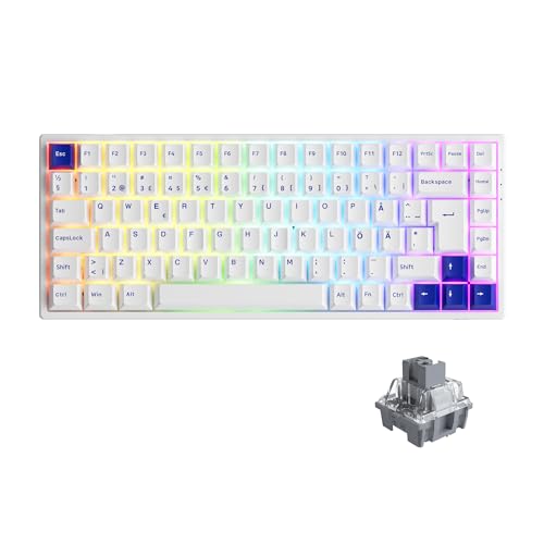 Akko Blau Weiß 3084B Plus RGB Mechanische Gaming Tastatur, ISO-DE/Nordic Layout, 3 Modes Tragbare Kabellos Tastatur mit Lineare Switch, 5 Pin Hot Swap, Cherry PBT Keycap, 100% Anti-Ghosting von Akko