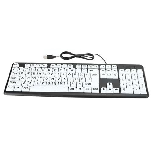 Akozon Schwarze Tastatur für Sehbehinderte, USB-Kabel, Tastatur für ältere Menschen mit Weißen, Großgedruckten Tasten. Schwarzes Professionelles Zubehör für den Einsatz (Black) von Akozon