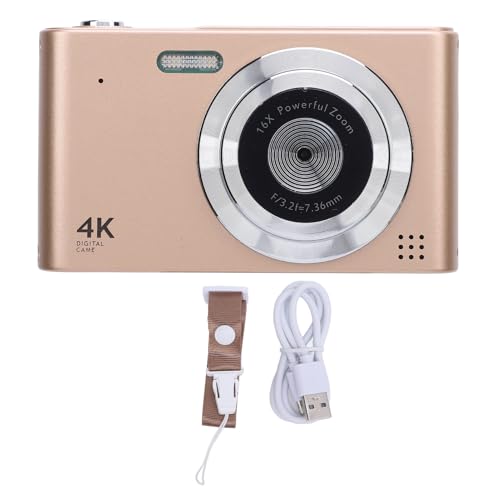 Digitalkamera 16x Zoom 4K 48MP IPS Bildschirm Anti -Shake -Video - -Travel -Kompaktkamera mit Blitz (Gold) von Akozon