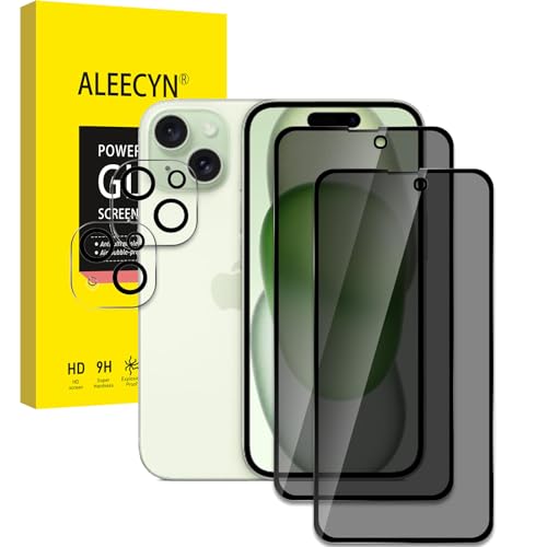 Aleecyn [2+2 Stück] 2 Stück Sichtschutz Schutzfolie Für iPhone 15 mit 2 Stück Kamera, 9H Härte, Anti-Spy Schutzglas, Anti-Spion, Anti-Kratzen Displayschutzfolie von Aleecyn