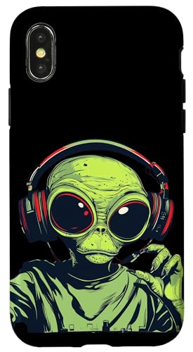 Lustiges Alien mit Kopfhörern für DJ-Kabinen-Kostüm-Liebhaber Hülle für iPhone X/XS von Alien DJ