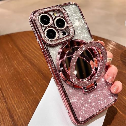 Alihtte Glitzer Hülle für iPhone 14 Plus Handyhülle mit Ring Ständer, Glitter Kratzfeste Stoßfest TPU Silikon Case mit Spiegel Makeup Transparent Schutzhülle Cover für iPhone 14 Plus Rosa von Alihtte