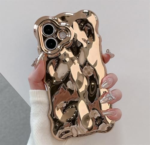 Alihtte Hülle für iPhone 16 Pro Max, Niedliche Einfarbig Lockige Wellenform Weiche TPU Stoßstange Handyhülle, für Mädchen Frauen Galvanik Design Silikon Stoßfest Bumper Schutzhülle Cover, golden von Alihtte