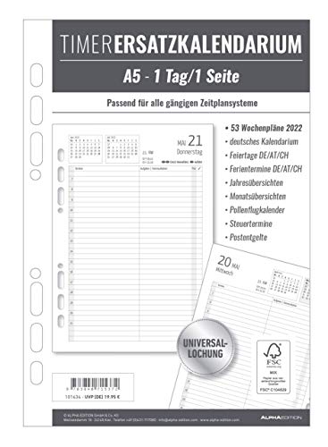 Timer Ersatzkalendarium A5 2022 - Bürokalender - Buchkalender A5 (15x21 cm) - Universallochung - 1 Tag 1 Seite - 352 Seiten - Alpha Edition: ... A5 - Universallochung - 1 Tag 1 Seite von Alpha Edition