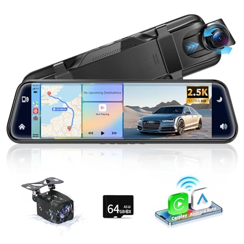 Alpinetech 9,66 Zoll 2,5K Rückfahrkamera Spiegel mit Wireless CarPlay Android Auto, Spiegel Dashcam mit Einparkhilfe Loop-Aufnahme Bluetooth Mirror Link AUX SD-Karte HD Touchscreen von Alpinetech