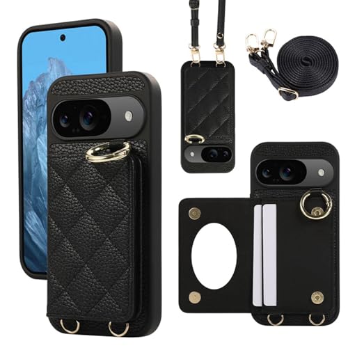 Altartar Leder Handyhülle für Google Pixel 9 Pro XL Hülle mit Kartenfach,Case mit Spiegel Make up Schutzhülle mit Ringhalter Leder Geldbörse Handykette Hülle Klapphülle für Pixel 9 Pro XL-Schwarz von Altartar