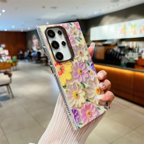 Altartar Ölgemälde Blume HandyHülle für Samsung Galaxy S23 Hülle Blumen,Glitzer Laserblume Schutzhülle Weich Silikon TPU Bumper Cover Stoßstange Niedlich Mädchen Frauen Case-Blume C von Altartar