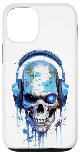 Hülle für iPhone 13 Pro Schutzhülle mit Totenkopf und blauen Kopfhörern von Amazing Skull Art Designs