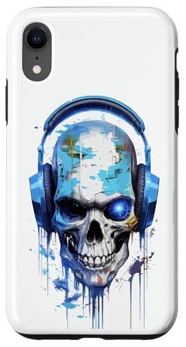 Hülle für iPhone XR Schutzhülle mit Totenkopf und blauen Kopfhörern von Amazing Skull Art Designs