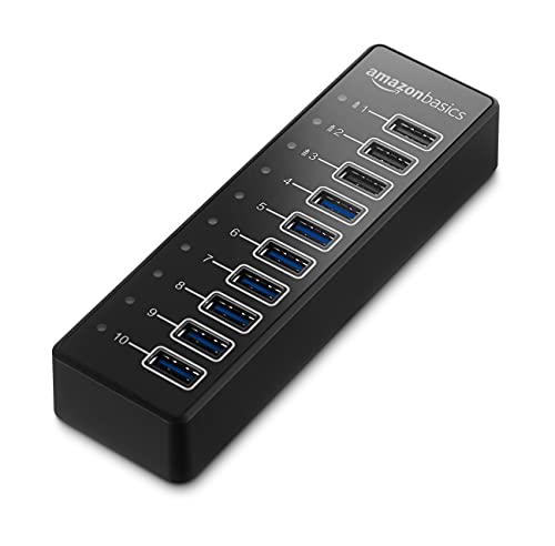 Amazon Basics - USB-Hub, USB-A 3.1 Hub mit 10 Anschlüssen und Netzadapter - 65 W (20 V/3,25 A), Schwarz von Amazon Basics