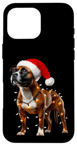 Hülle für iPhone 16 Pro Max American Staffordshire Terrier Weihnachtsmannmütze Weihnachtsbeleuchtung von American Staffordshire Terrier Christmas Products