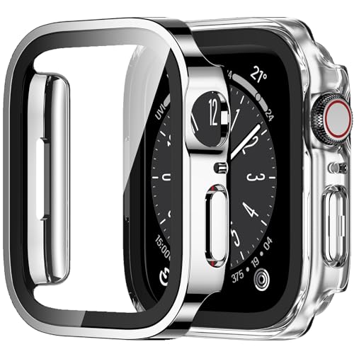 Amizee 2 Stück Hard Hülle Kompatibel mit Apple Watch Series 9/8 Series 7 45mm Schutzhülle mit Tempered Glass Displayschutz, Ultradünn Kratzfeste Schutzhülle für iWatch 45mm (Silber/Transparente) von Amizee