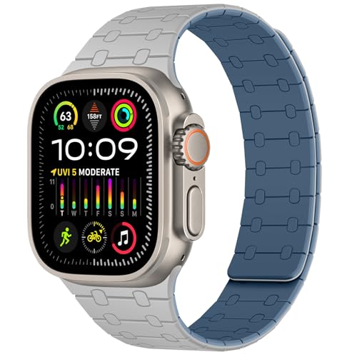 Amizee Kompatibel mit Apple Watch Armband 49mm 46mm 45mm 44mm 42mm 41mm 40mm 38mm, Silikon Magnetisch Sport Loop Armband für iWatch Ultra 2/Ultra Serie 10 9 8 7 SE 6 5 4 (49/46/45/44/42, Grau/Blau) von Amizee