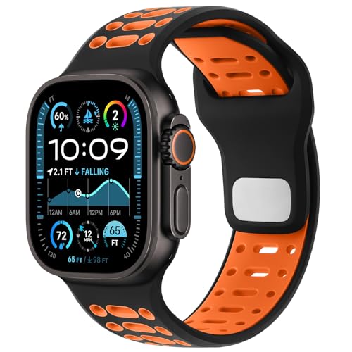 Amizee Sport Armband Kompatibel mit Apple Watch Armband 49mm 46mm 45mm 44mm 42mm Damen Herren, Atmungsaktives Silikon Ersatz Armband für iWatch Ultra 2 Serie 10 9 8 7 SE 6 5 4, Schwarz/Orange von Amizee