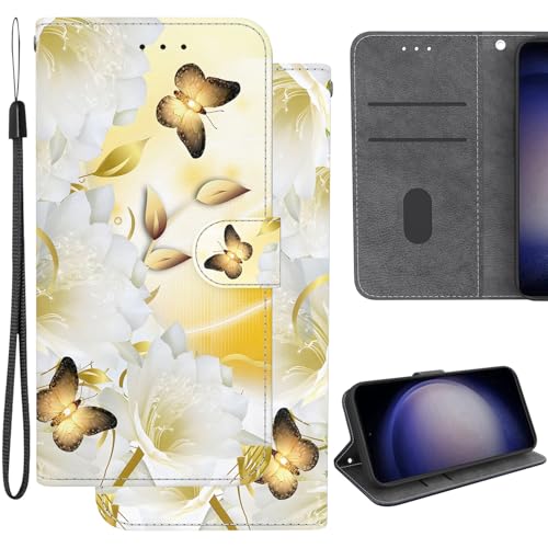 Ammeer Hülle für Samsung Galaxy S24 FE, Flip Folio PU Leder Schutzhülle Handy Tasche Wallet Case Cover Ständer mit Magnetverschluss - Gold Schmetterling von Ammeer