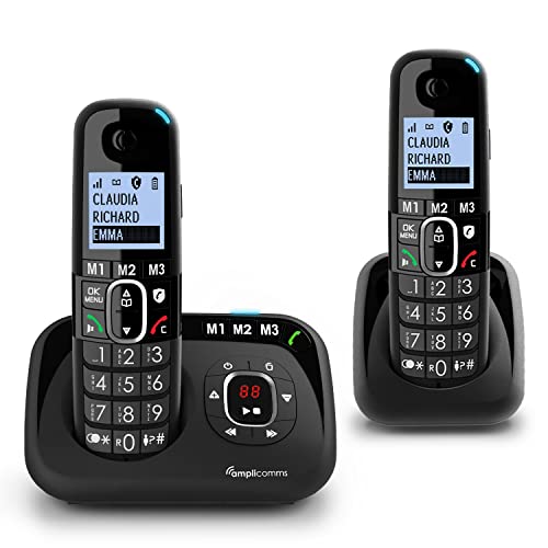 Amplicomms BigTel 1582 Duo schnurloses DECT- Großtastentelefon-Set mit Anrufbeantworter, Freisprechfunktion, Hörgerätekompatibel, Wahlwiederholung, Zwei Mobilteile von Amplicomms