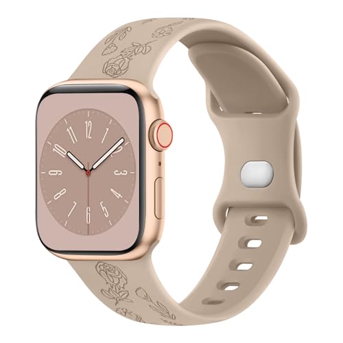 Amzpas Floral Silikon Armband Kompatibel mit Apple Watch Armbänder SE 41mm 40mm 38mm für Damen, Blumen Muster Graviert Ersatzarmband für iWatch Series 9 8 7 6 5 4 3 2 1, Milchtee Farbe von Amzpas