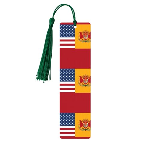 Lesezeichen aus Holz mit amerikanischer Spanien-Flagge und dunkelgrünen Quasten, handgefertigt, doppelseitig bedruckt, Lesezeichen, Seitenmarker, Buchzubehör, Geschenk für Buchliebhaber, Frauen und Mä von Anceky