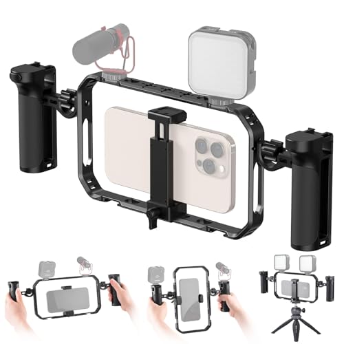 Andoer Tragbares Telefon-Video-Rig-Kit, Smartphone-Stabilisator für Videoaufnahmen, universeller Telefonkäfig mit seitlichen Griffen, Cold Shoe-Halterungen, Fernauslöser für Phone 16/15/14/13 von Andoer