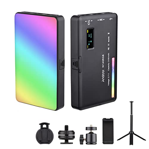 Andoer W140 RGB LED-Videoleuchte, 2500 K-9000 K, dimmbar, mit Tischstativ, Handyhalterung mit Kugelkopf, Computerclip, Blitzschuhadapter für mobile Vlog Live-Übertragung von Andoer