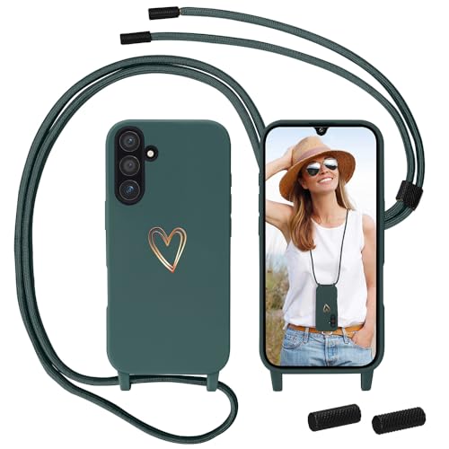 Handykette für Samsung Galaxy A25 5G Hülle mit Band, MoEvn Necklace Handyhülle mit Kordel für zum Umhängen Herz Muster Silikon Case Stoßfeste Schutzhülle mit Abnehmbar Kette für Samsung A25, Grün von Anfire