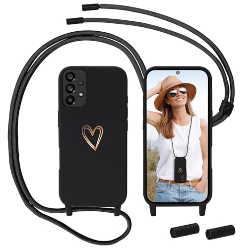 Handykette für Samsung Galaxy A52S 5G/A52 4G/5G Hülle mit Band, MoEvn Necklace Handyhülle mit Kordel für zum Umhängen mit Herz Muster Silikon Case Stoßfeste Schutzhülle mit Abnehmbar Kette, Schwarz von Anfire