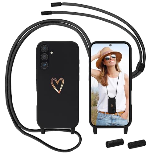 Handykette für Samsung Galaxy A54 5G Hülle mit Band, MoEvn Necklace Handyhülle mit Kordel für zum Umhängen Herz Muster Silikon Case Stoßfeste Schutzhülle mit Abnehmbar Kette für Samsung A54, Schwarz von Anfire