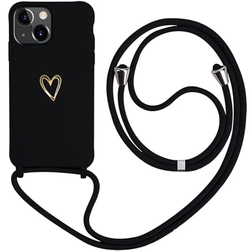 Handykette kompatibel mit iPhone 15 Hülle mit Band, MoEvn Liebesherz Muster Silikon Necklace Handyhülle mit Verstellbar Abnehmbar Kordel zum Umhängen Stossfest Schutzhülle für iPhone 15 6.1", Schwarz von Anfire