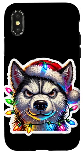 Hülle für iPhone X/XS Lustige Husky Weihnachtsbeleuchtung Angry Dogs Xmas Men Boys Women von Angry Huskies at Christmas Funny Dog Group Family