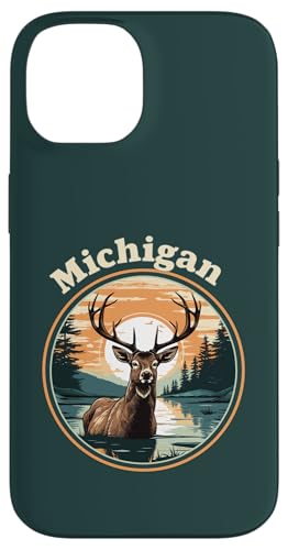 Hülle für iPhone 14 Michigan Male Elch in Forest Lake Orange Sunset von Animal Lovers Gifts by LEA