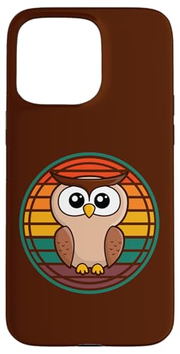 Hülle für iPhone 15 Pro Max Cartoon-Eule mit großen Augen, bunter Retro-Sonnenuntergang im Hintergrund von Animal Lovers Gifts by LEA